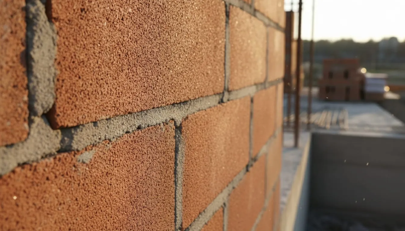 Close de parede de blocos cerâmicos de vedação com juntas de argamassa, em obra ao entardecer